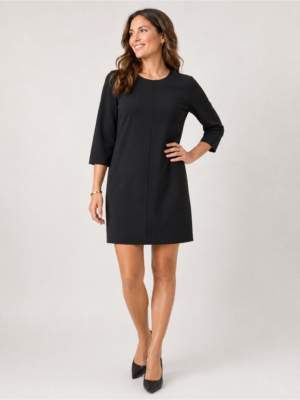NIC+ZOE Crepe Knit Shift Dress Midi 3/4 Sleeve Center Seam Back Zip Black M NEW